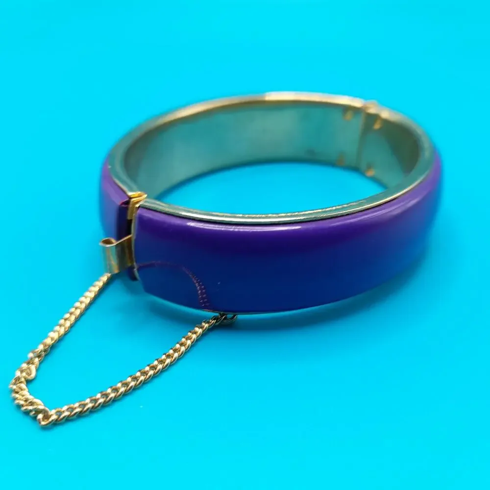Vintage Purple Hinged Bracelet, Gold Tone, Safety Chain